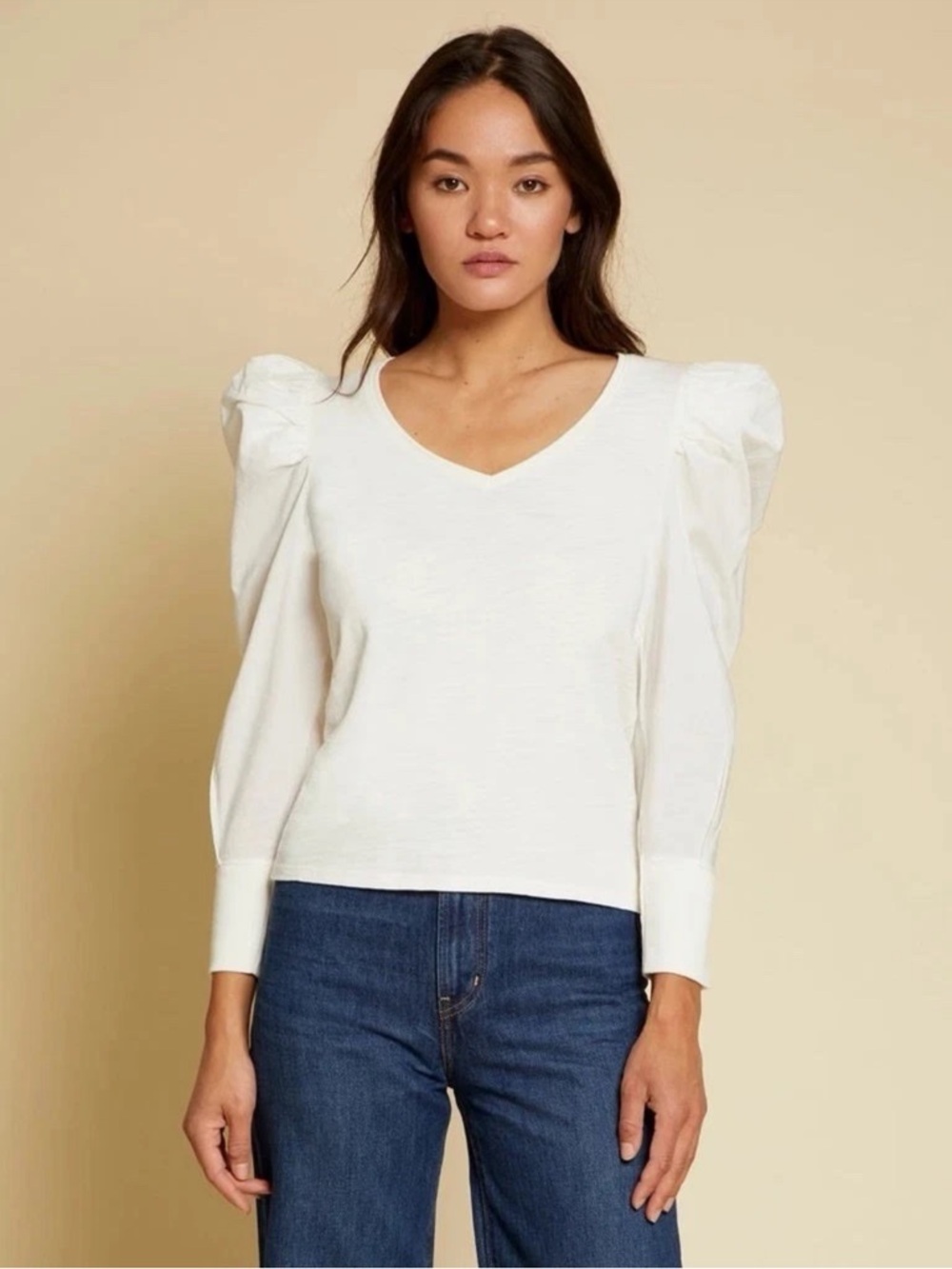 Nation Ltd Tee Top Womens Jenna Cuffed Button Puff Sleeve Boho Peasant Cream